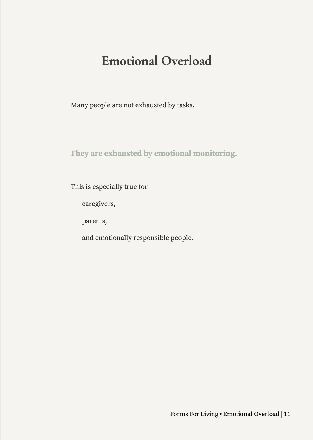 Preview page titled “Emotional Overload,” explaining how emotional monitoring can be especially exhausting for couples, parents and emotionally responsible people.