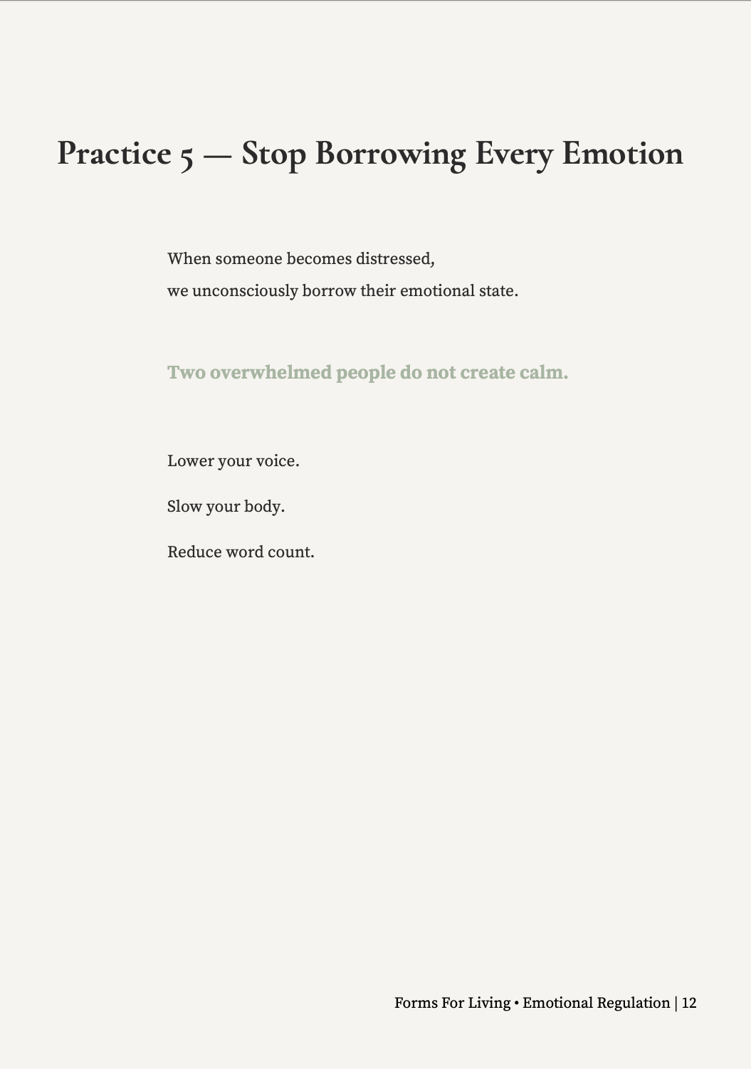 Preview exercise titled “Stop Borrowing Every Emotion,” encouraging readers to lower their voice, slow their body and use fewer words.