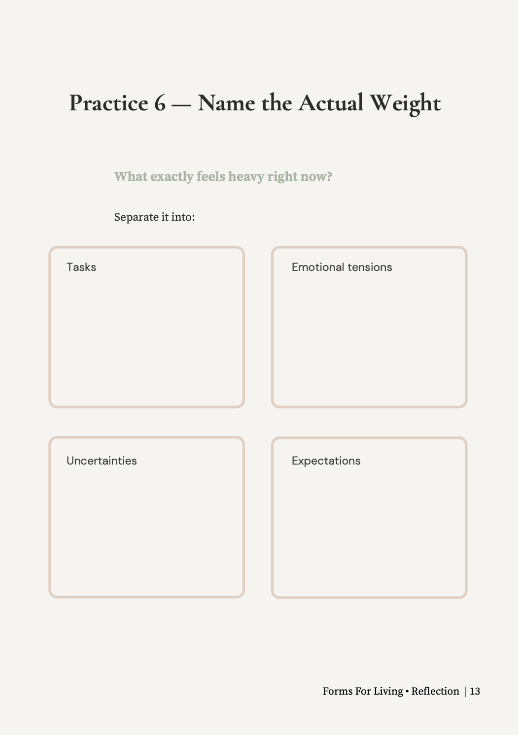 Preview exercise titled “Name the Actual Weight,” with spaces to separate tasks, emotional tension, uncertainty and expectations.