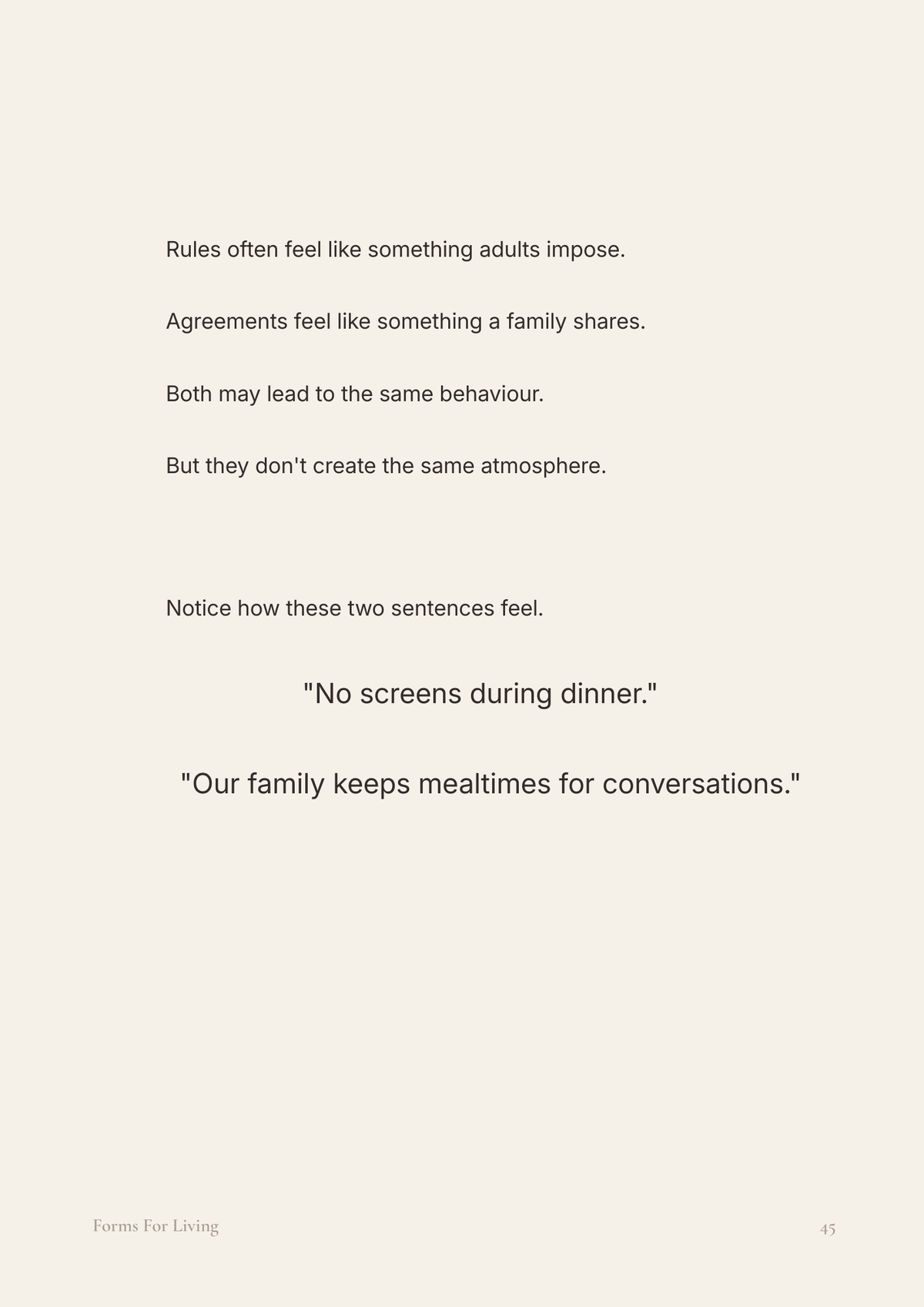 Preview page comparing “No screens during dinner” with “Our family keeps mealtimes for conversations” to demonstrate the difference between a rule and a shared family agreement.