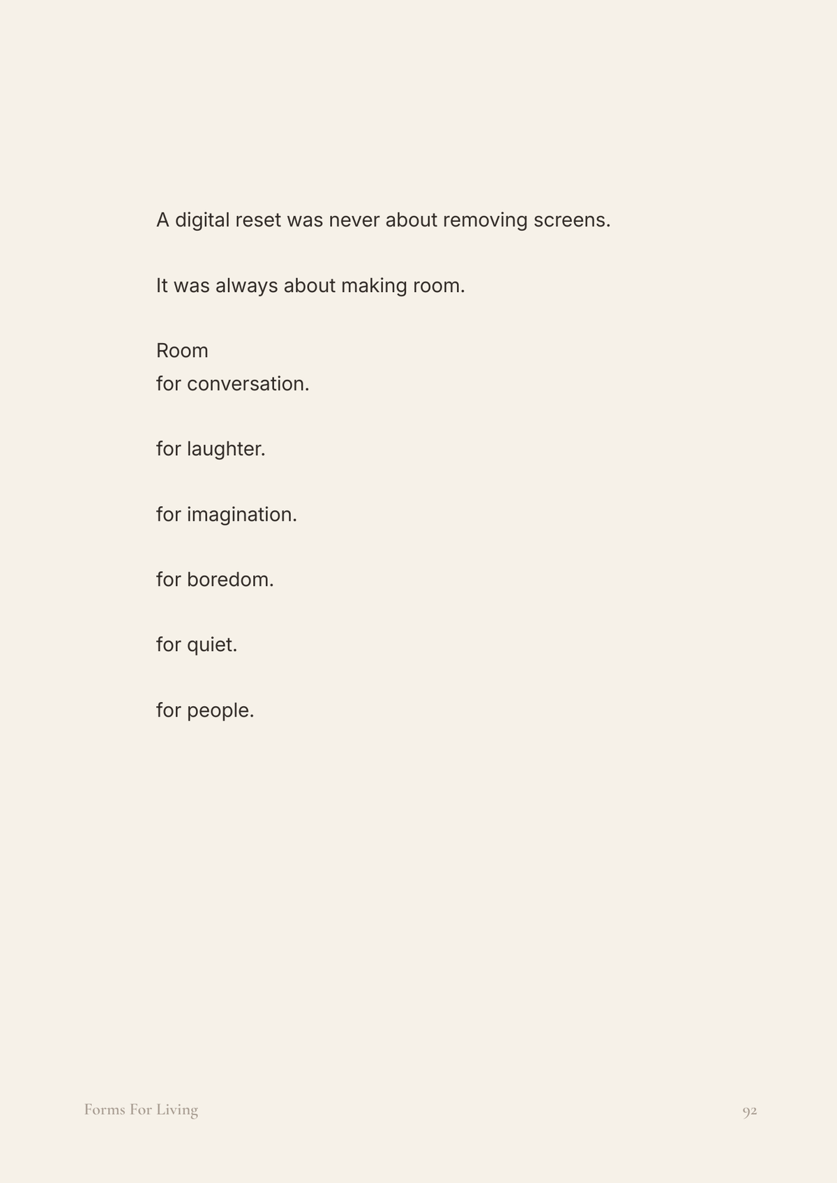 Preview page explaining that a family digital reset is not about removing screens, but making room for conversation, laughter, imagination, boredom, quiet and people.