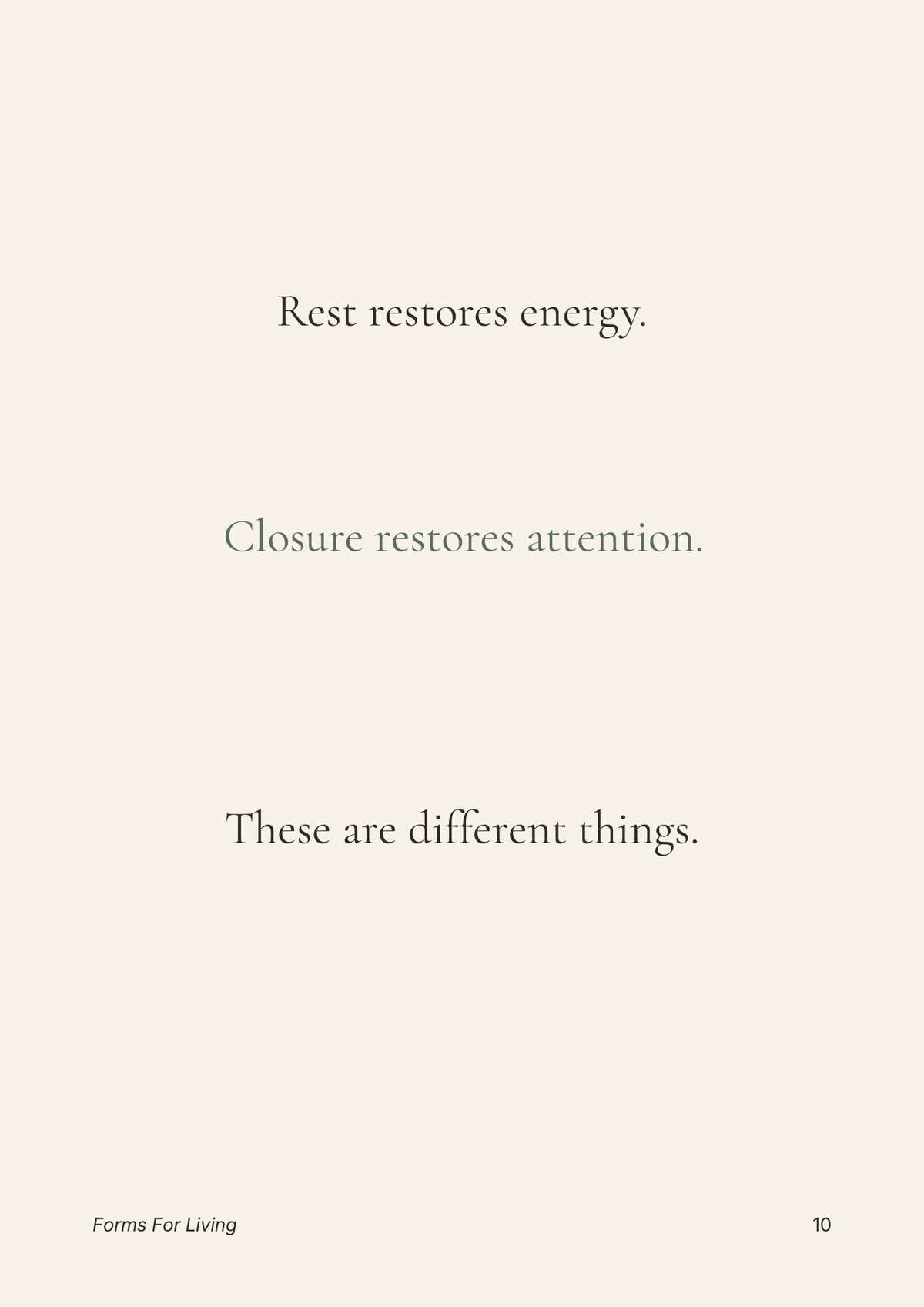 Preview page explaining that closure restores attention while rest restores energy, and that these are different needs.