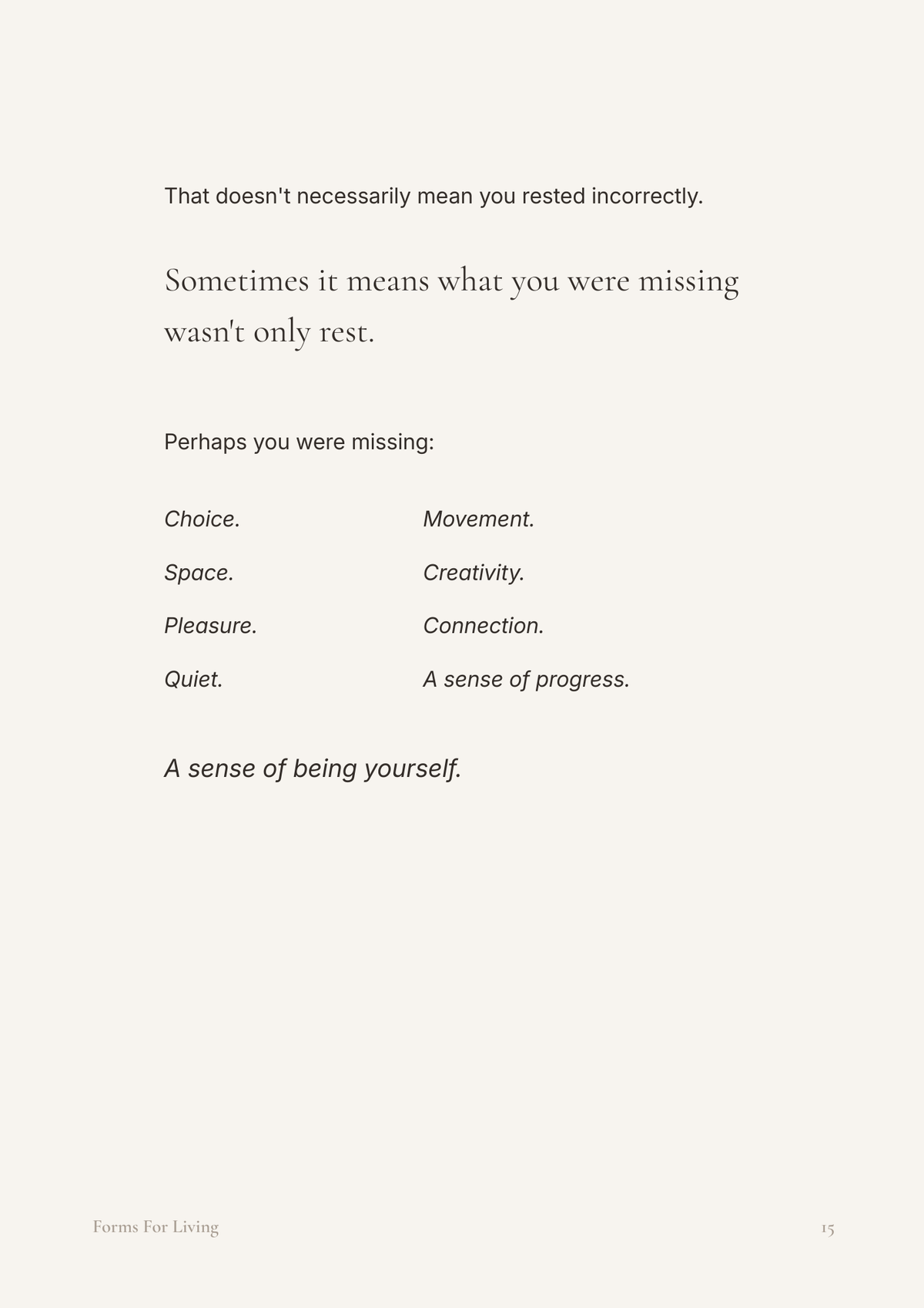 Preview page explaining that depletion may reflect a need for choice, space, pleasure, quiet, creativity, connection or a stronger sense of self—not only physical rest.
