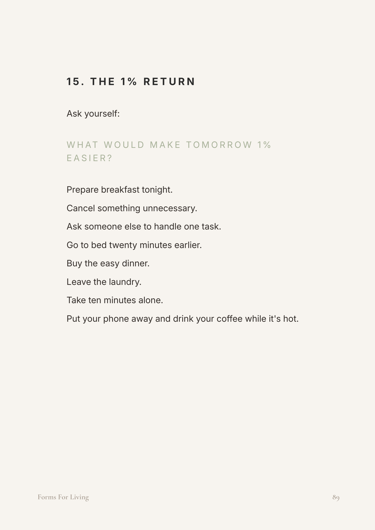 Preview page from “The 1% Return,” asking what would make tomorrow 1% easier and suggesting small actions such as simplifying a task, asking for help or taking ten minutes alone.