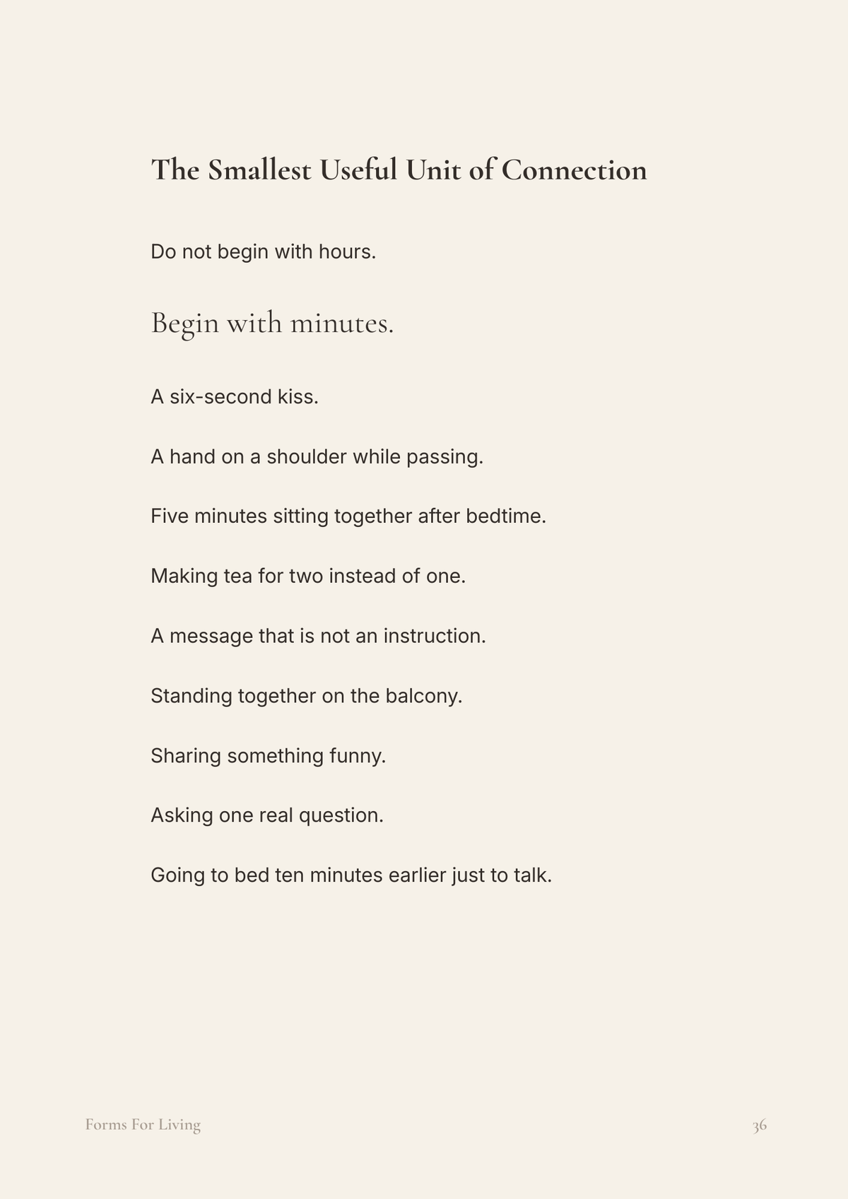 Preview page titled “The Smallest Useful Unit of Connection,” listing brief ways couples can reconnect, including making tea for two, asking one real question and talking for ten minutes.