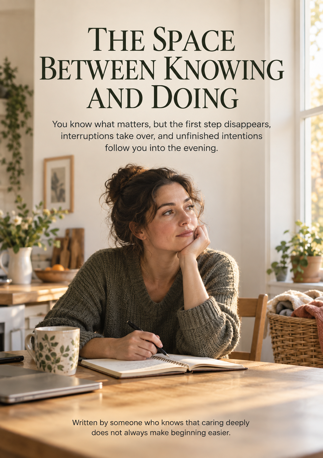 The Space Between Knowing and Doing digital guide cover, showing a woman seated at a table with an open notebook.