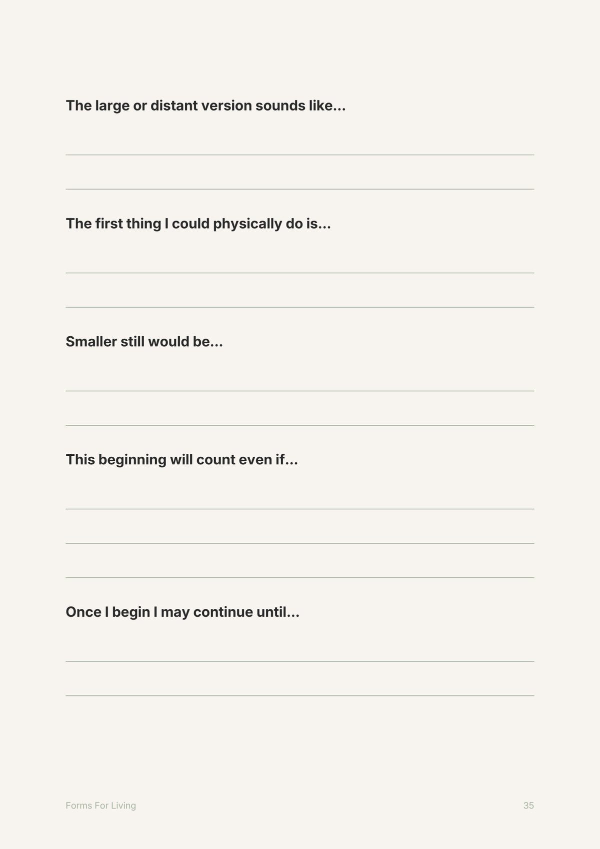 Reflection worksheet for choosing a meaningful action and identifying its first small, visible step.