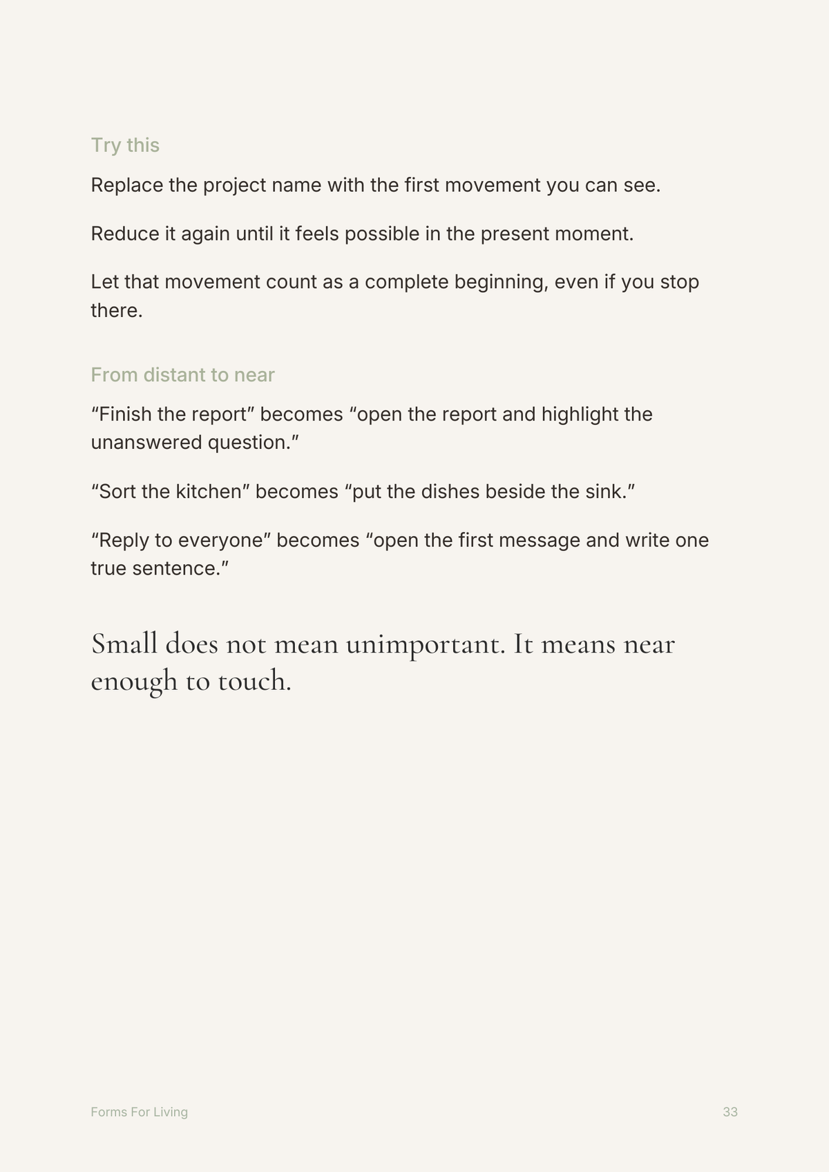 Preview page with practical examples of turning distant intentions into smaller, concrete first steps.